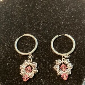 Chic Silver tone and Pink Crystal Hoop Earrings